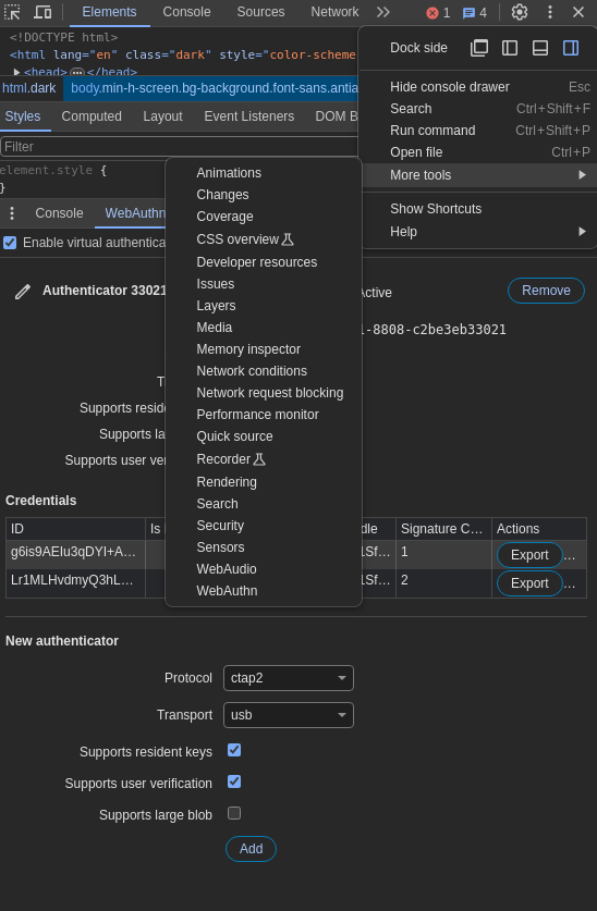 webauthn devtools